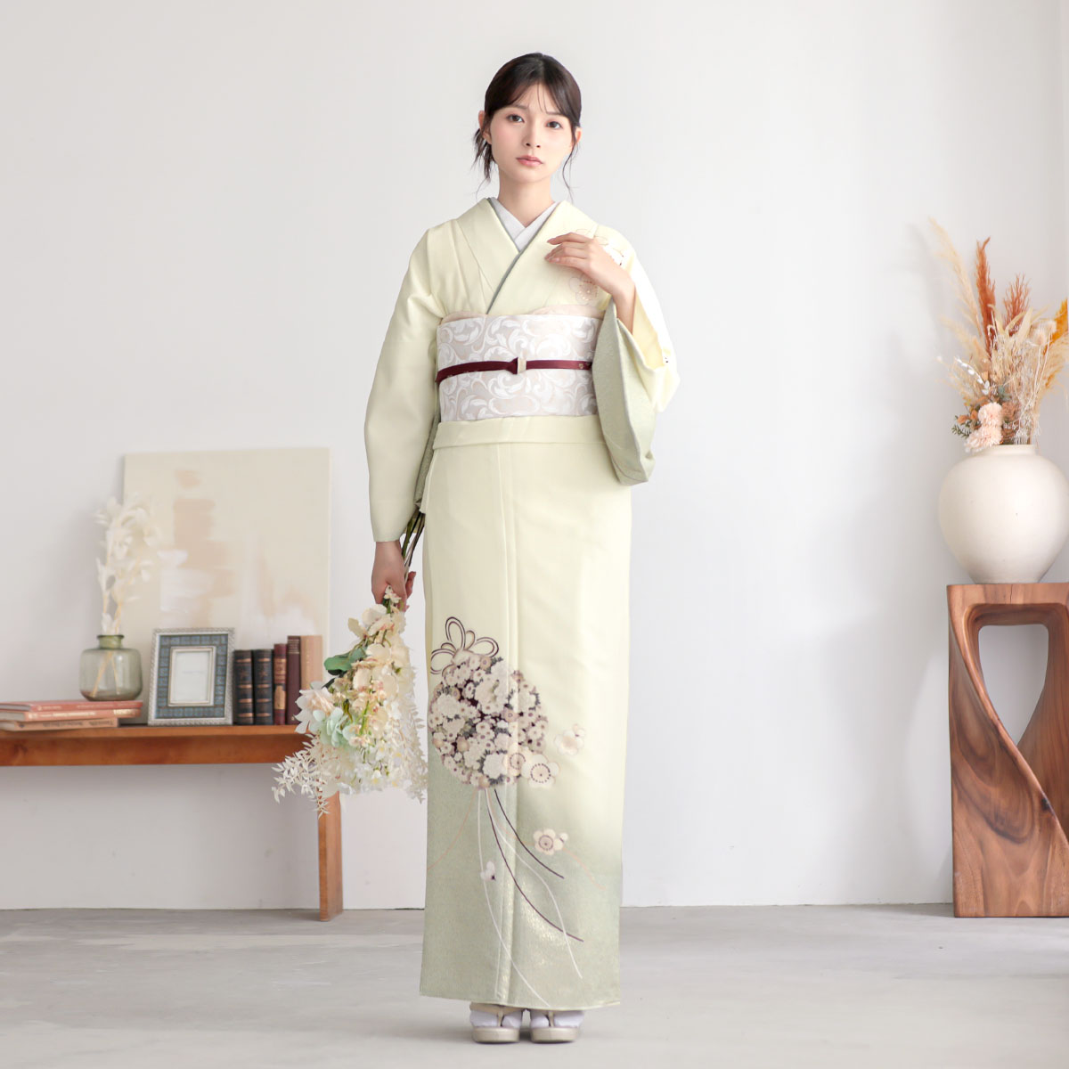 訪問着：H1473 LOWRYS FARM 白緑ぼかし 花薬玉に梅| 訪問着レンタル