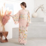 アンティークピンクの着物単品 訪問着：H233 ピンク 椿と桐（金駒刺繍）| 訪問着レンタル │ 京都着物