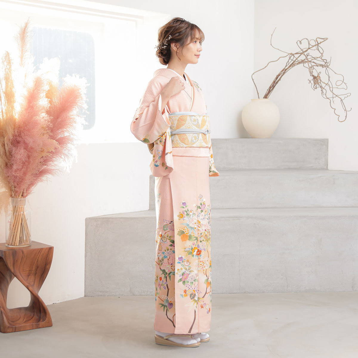 訪問着　単衣　着物　夏　絽　紗　正絹　盛夏　ピンク　夏2 訪問着：H233 ピンク 椿と桐（金駒刺繍）| 訪問着レンタル │ 京都着物