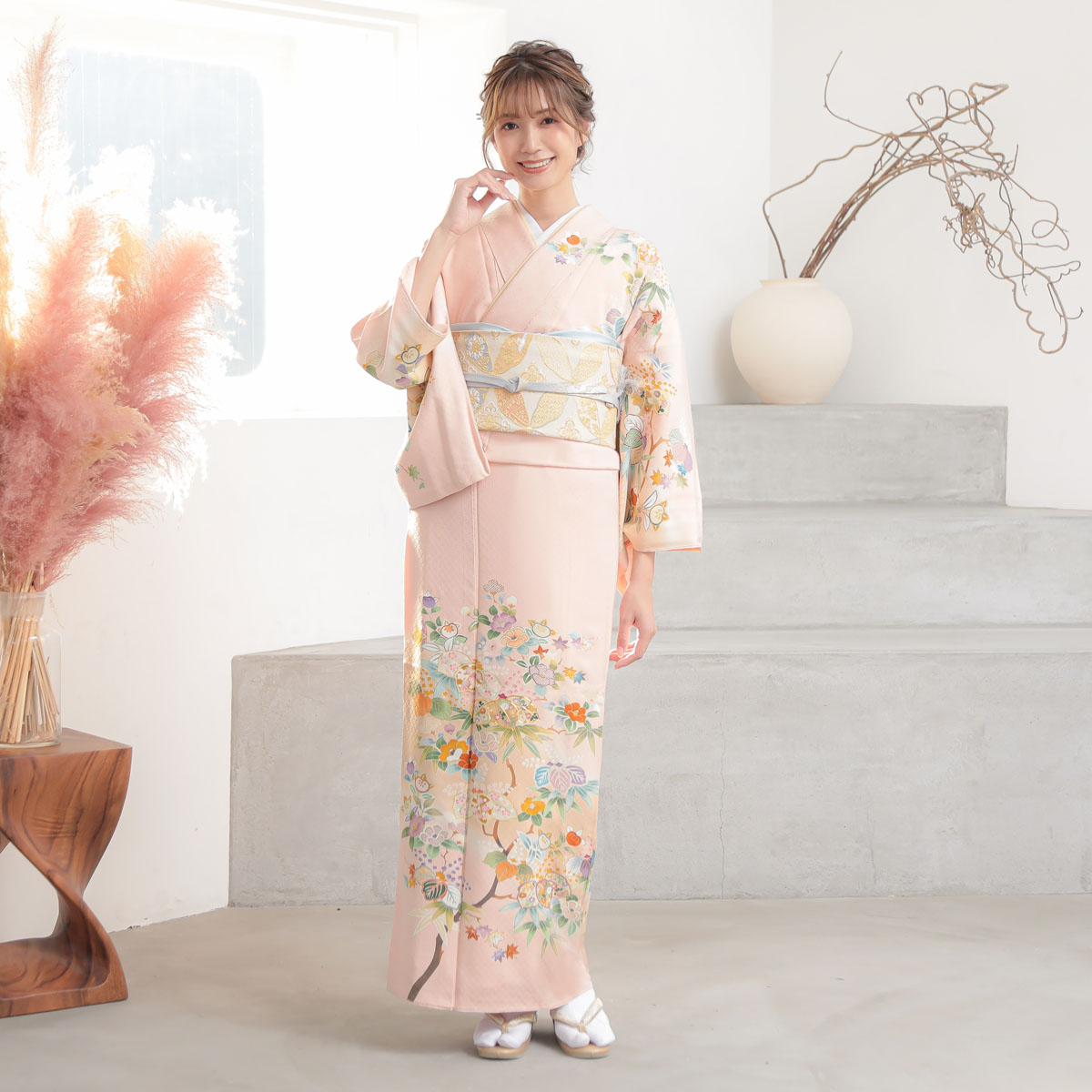 訪問着：H233 ピンク 椿と桐（金駒刺繍）| 訪問着レンタル │ 京都着物