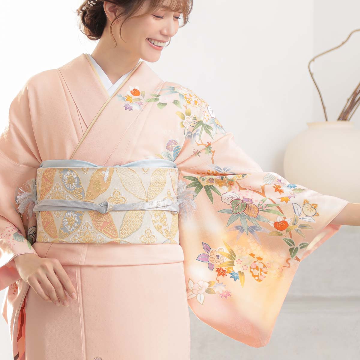 訪問着：H233 ピンク 椿と桐（金駒刺繍）| 訪問着レンタル │ 京都着物