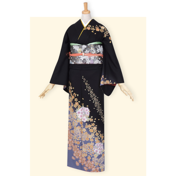訪問着：H338 黒 雪輪舞桜☆| 訪問着レンタル │ 京都着物レンタル夢館