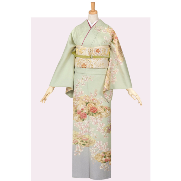 訪問着：H353 薄緑 胡蝶蘭に四季の花| 訪問着レンタル │ 京都着物