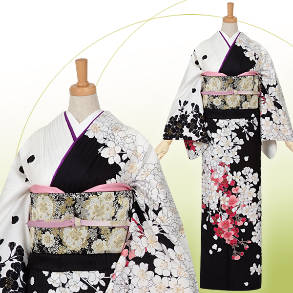訪問着：H375 【訳あり】白×黒モノトーン桜☆(宅)| 訪問着