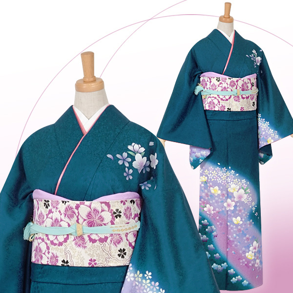 訪問着：H395 青緑 紫ぼかし 小桜☆| 訪問着レンタル │ 京都着物