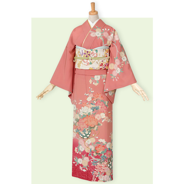 訪問着：H434 ピンク 牡丹と枝桜と花籠☆| 訪問着レンタル │ 京都着物