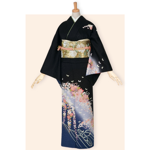 訪問着：H436 黒 花くす玉に藤の花☆| 訪問着レンタル │ 京都着物