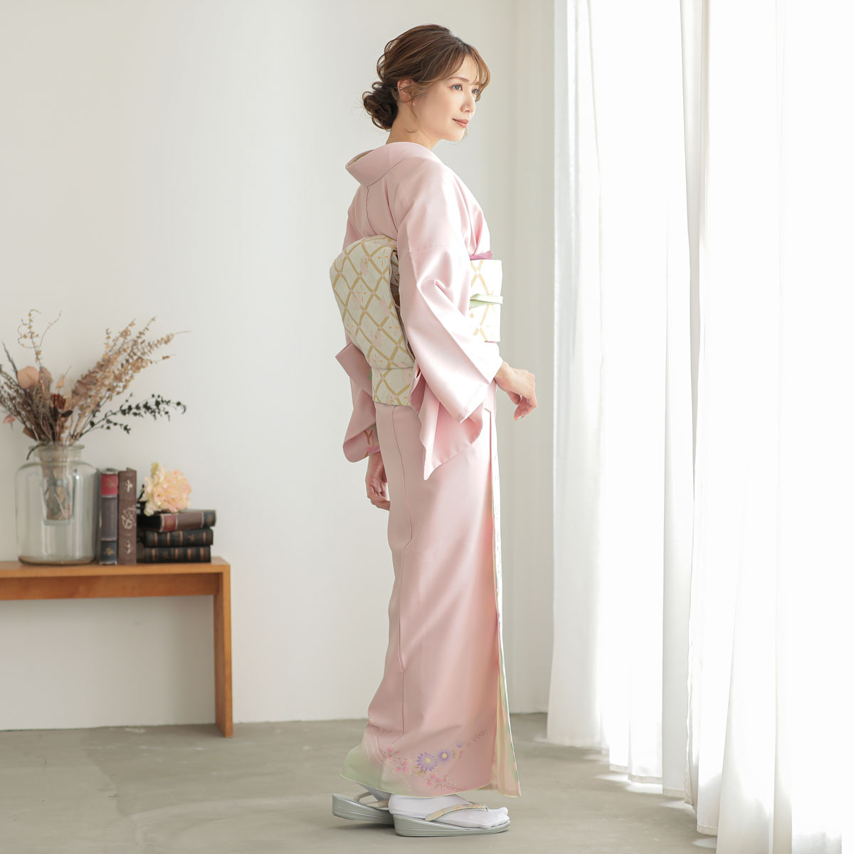 BY1553 訪問着 着物 ピンク 牡丹 木瓜紋入り 可愛い 華やか