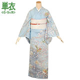 訪問着：H562 薄群青 花散らし雪輪桜流水| 訪問着レンタル │ 京都着物