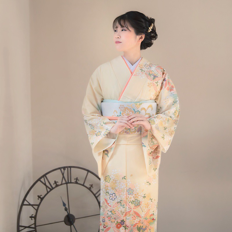 訪問着：H670 ジャパンスタイル 薄黄 桜に七宝| 訪問着レンタル