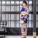 訪問着：H672 ジャパンスタイル 紺 桜に七宝| 訪問着レンタル │ 京都