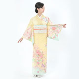 訪問着：H726 乙葉 黄色 扇に牡丹菊桜| 訪問着レンタル │ 京都着物