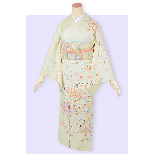 訪問着：H765 薄黄緑 桜に菱取り花| 訪問着レンタル │ 京都着物 