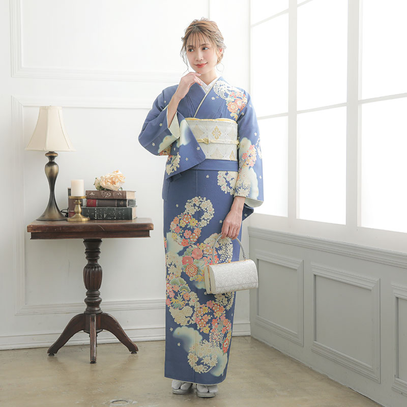 訪問着：H773 ジャパンスタイル 青 雲取に花の丸| 訪問着レンタル