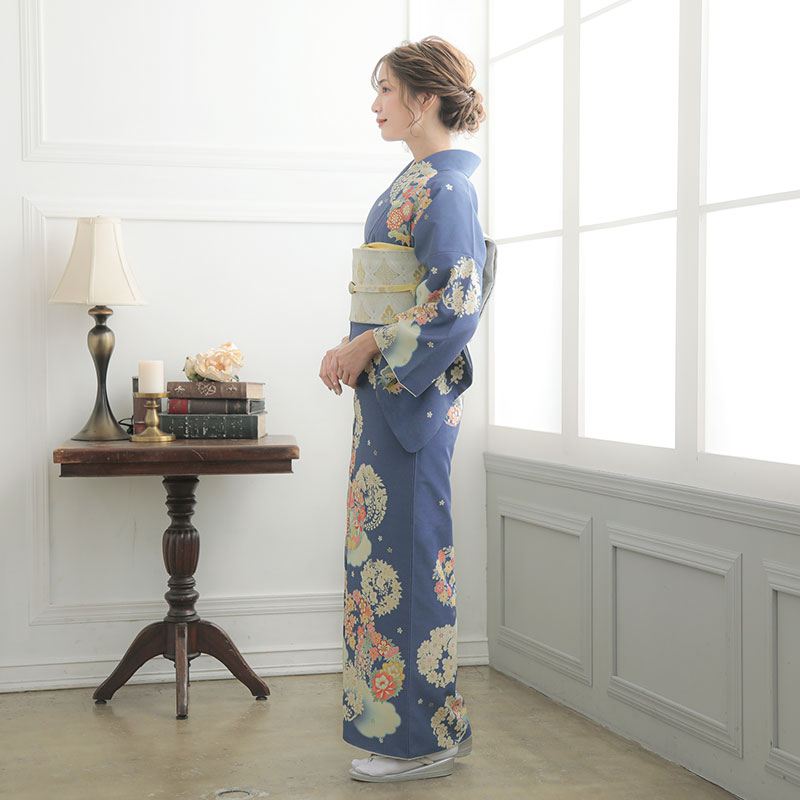 訪問着：H773 ジャパンスタイル 青 雲取に花の丸| 訪問着レンタル