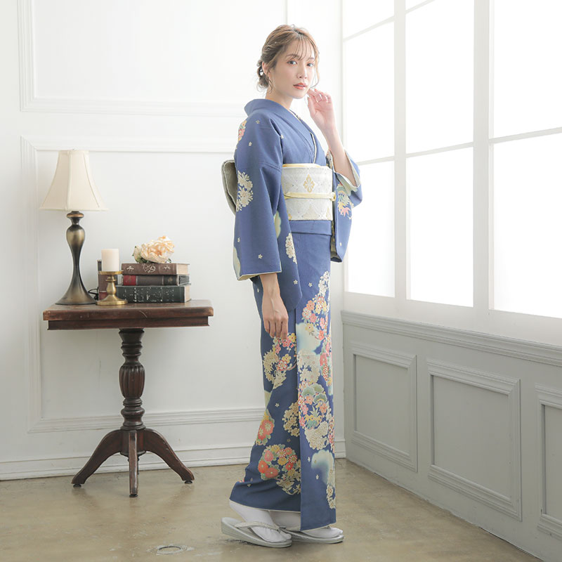 訪問着：H773 ジャパンスタイル 青 雲取に花の丸| 訪問着レンタル