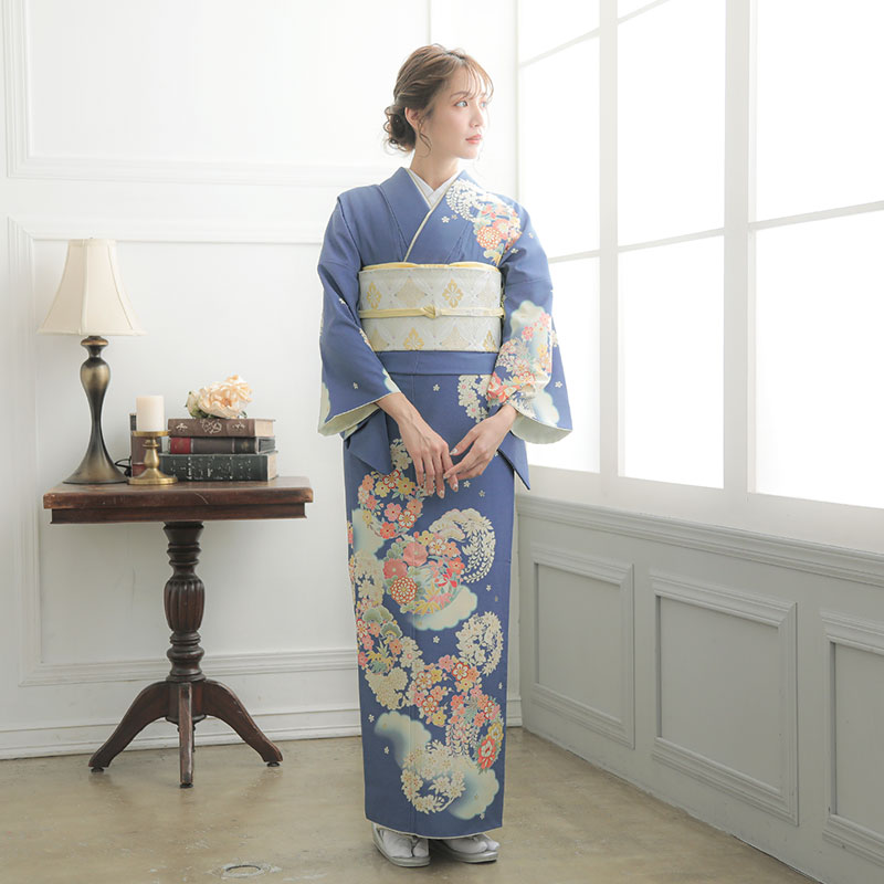 訪問着：H773 ジャパンスタイル 青 雲取に花の丸| 訪問着レンタル