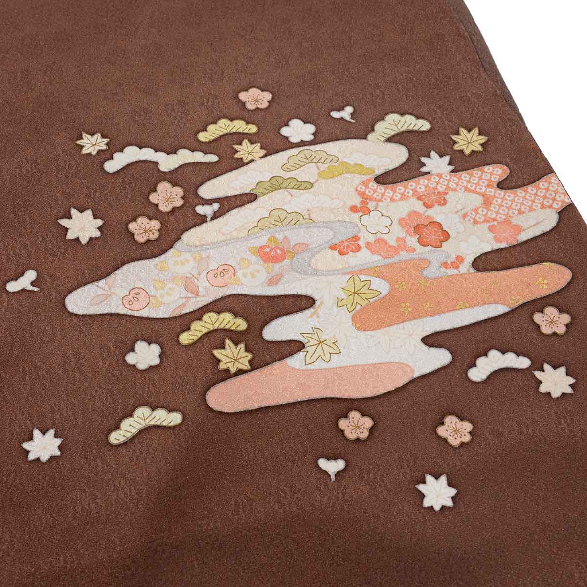 訪問着：H819 栗梅茶 京友禅作家 藤井寛 霞取り草花☆| 訪問着レンタル