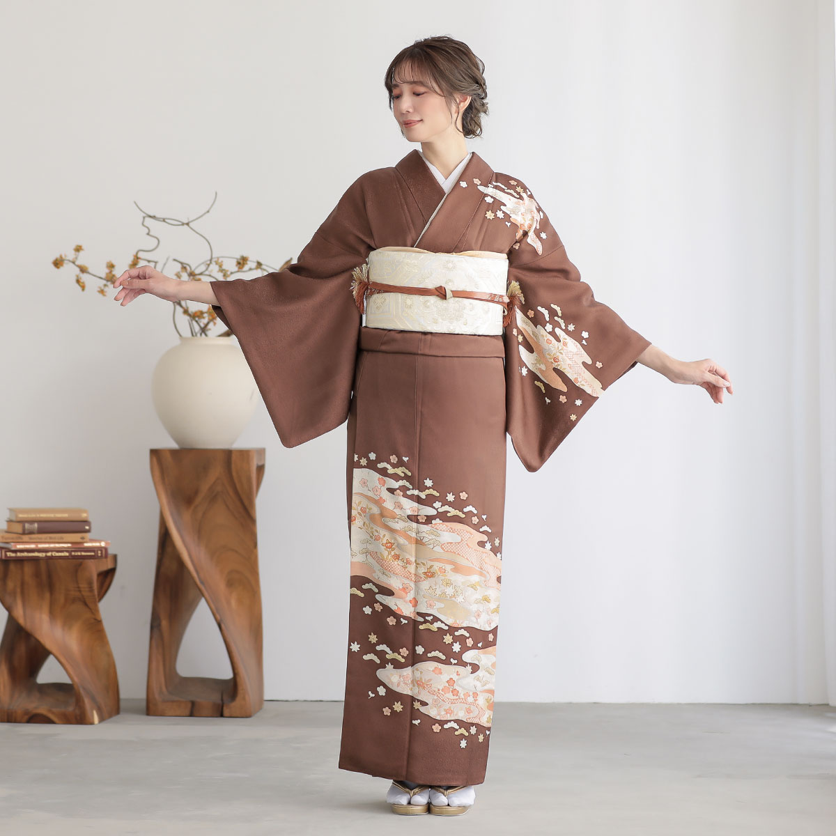訪問着：H819 栗梅茶 京友禅作家 藤井寛 霞取り草花☆| 訪問着レンタル