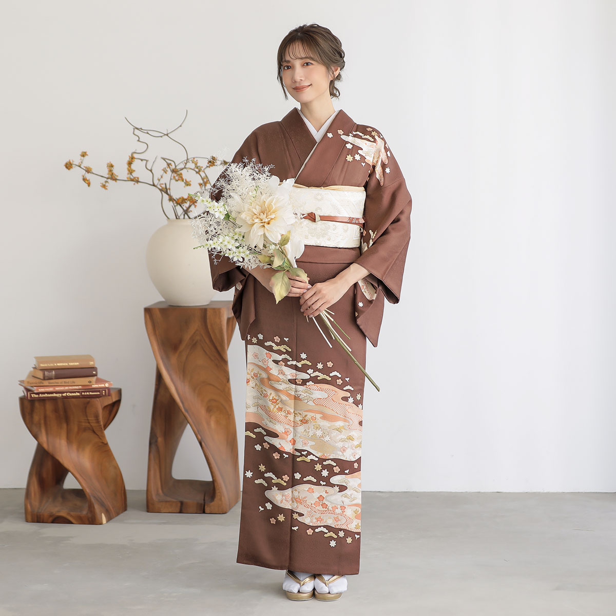 訪問着：H819 栗梅茶 京友禅作家 藤井寛 霞取り草花☆| 訪問着レンタル
