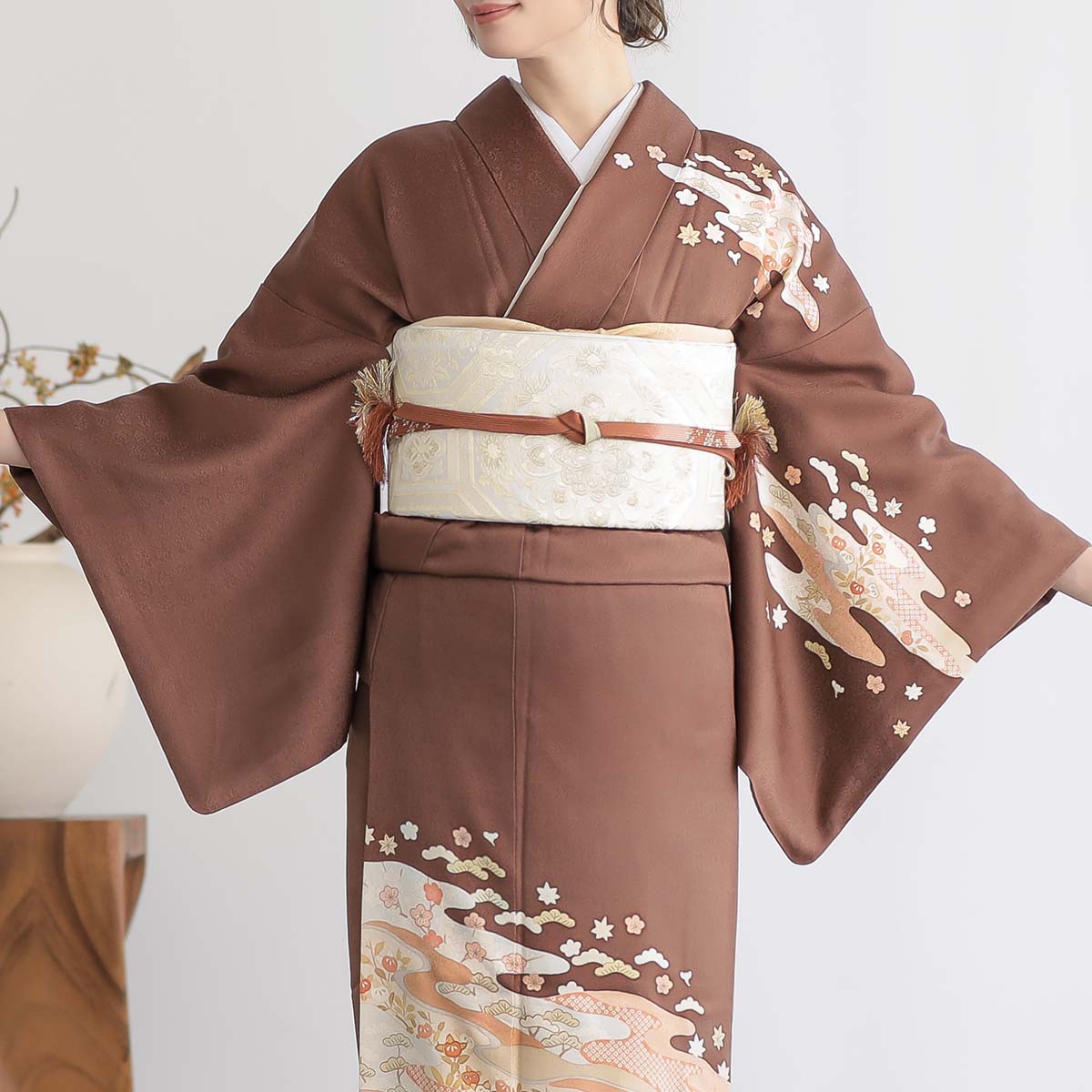 訪問着：H819 栗梅茶 京友禅作家 藤井寛 霞取り草花☆| 訪問着レンタル