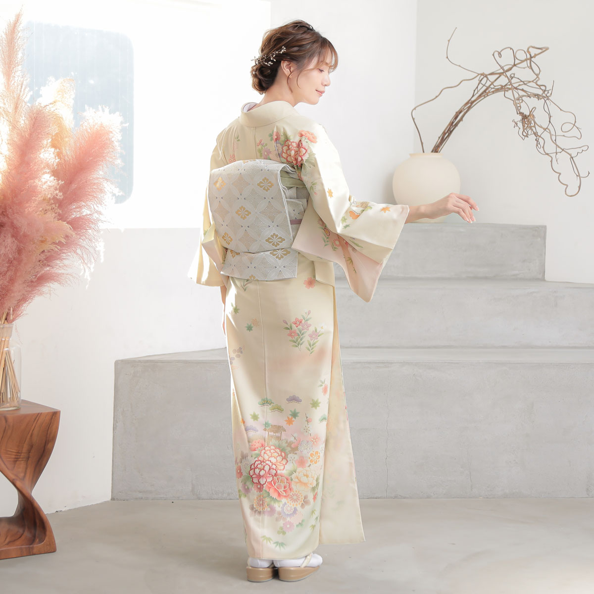 訪問着：H877 ジャパンスタイル クリーム色 垣根に牡丹| 訪問着  