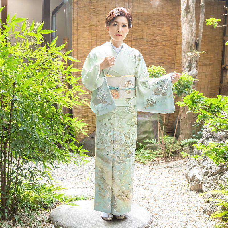 訪問着：H901 桂由美 薄緑 草木風景文様☆| 訪問着レンタル