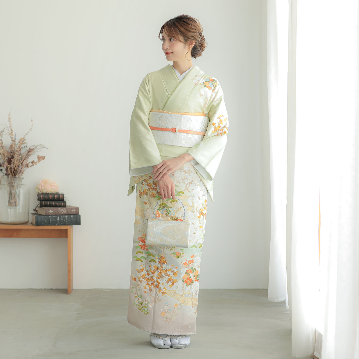 訪問着：H956 薄抹茶時裾鼠ボカシ 花丸波花筏| 訪問着レンタル