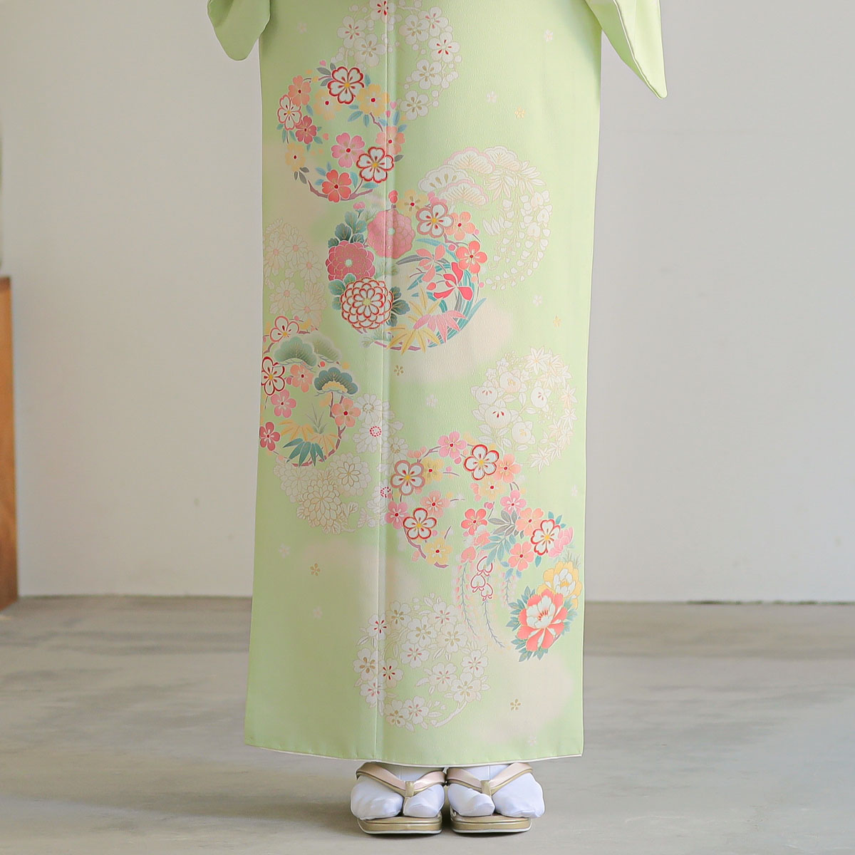 訪問着：H985 ジャパンスタイル 黄緑 クリームぼかし花丸(H1004