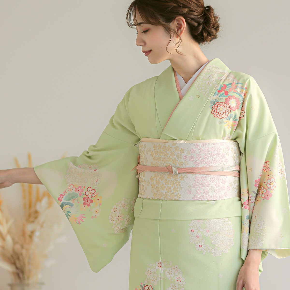 訪問着：H985 ジャパンスタイル 黄緑 クリームぼかし花丸(H1004