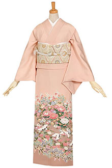 色留袖：E069 グレー 牡丹と菊に鶴☆| 色留袖レンタル │ 京都着物