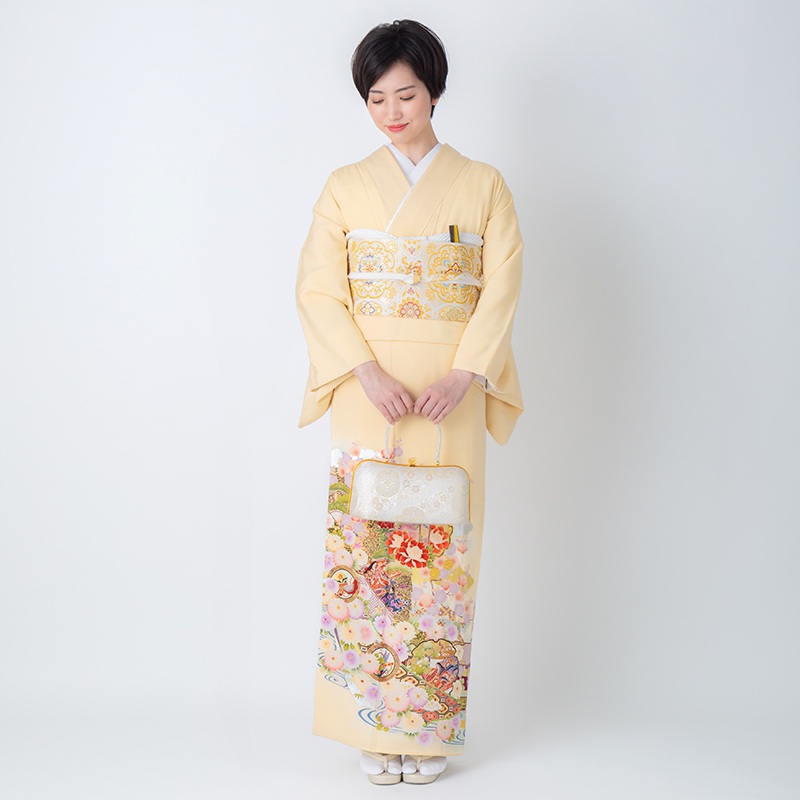 色留袖：E199 黄色 貝桶に平安貴人(絹)| 色留袖レンタル │ 京都着物