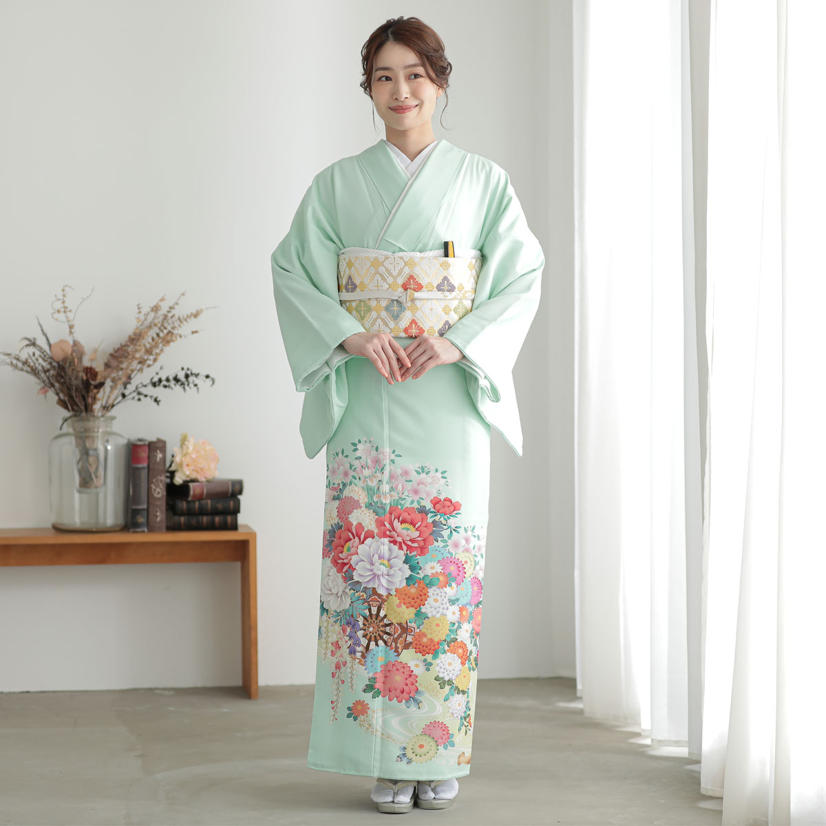 色留袖：E223 ジャパンスタイル 水色 流水花車| 色留袖レンタル