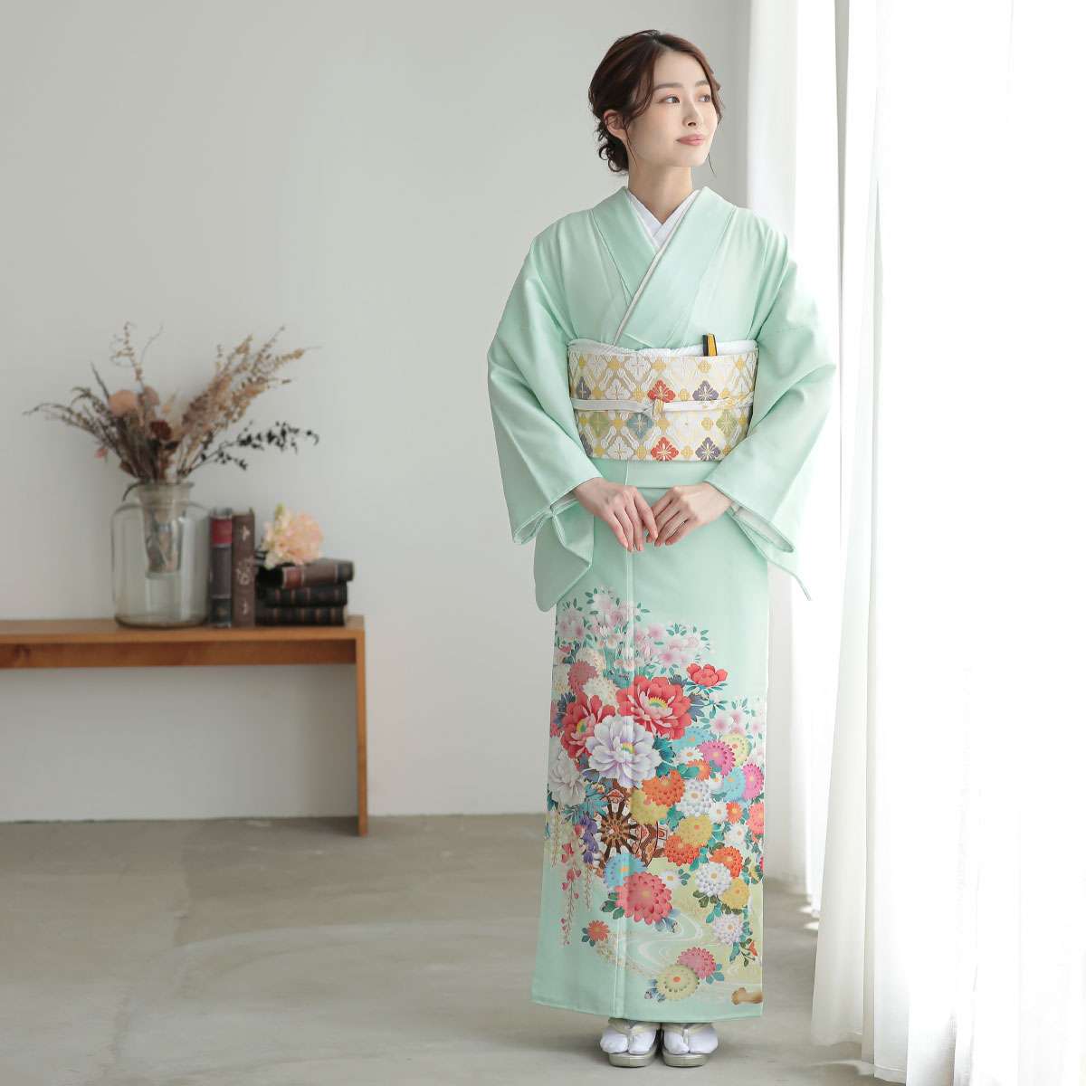 色留袖：E223 ジャパンスタイル 水色 流水花車| 色留袖レンタル