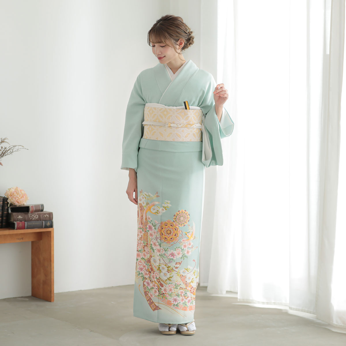 色留袖：E232 水色 華紋に鶴と蔓帯| 色留袖レンタル │ 京都着物