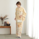 色留袖：E234 クリーム 華紋に鶴と蔓帯| 色留袖レンタル │ 京都着物