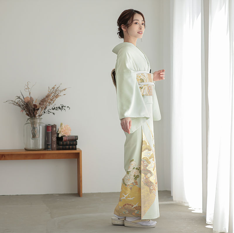 色留袖：E254 桂由美 琳派 薄緑 波に牡丹花車(E284)| 色留袖レンタル