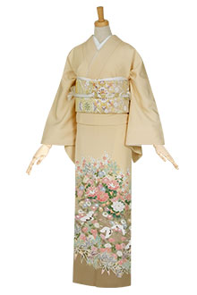 色留袖：E069 グレー 牡丹と菊に鶴☆| 色留袖レンタル │ 京都着物