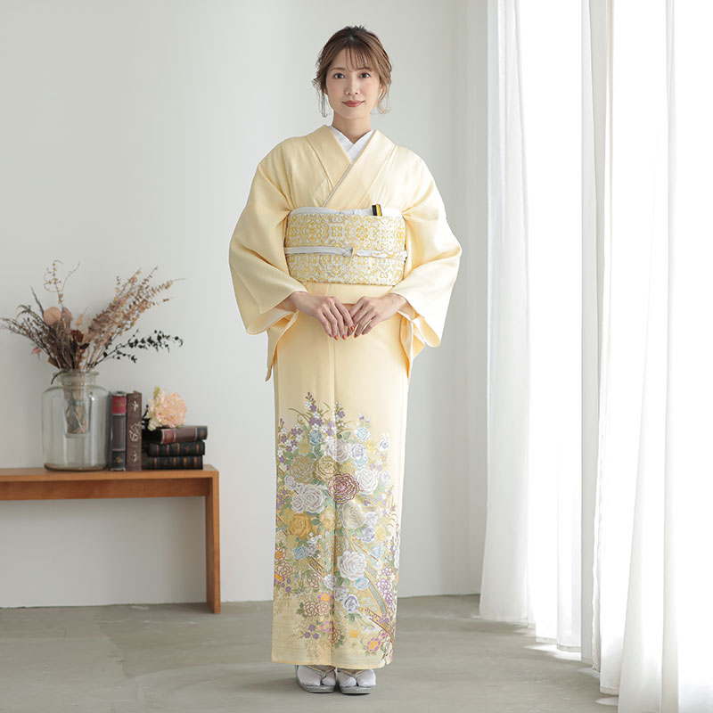 正絹クリーム色着物とイエロー系薔薇の花作り帯セット 正絹クリーム色着物とイエロー系薔薇の花作り帯セット 【公式通販】