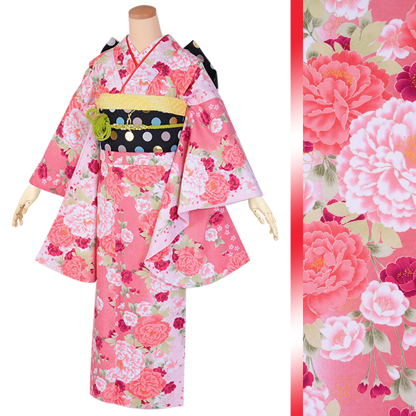 小 中学生振袖 A018 サーモンピンク 牡丹と桜 G594 振袖レンタル 京都着物レンタル夢館