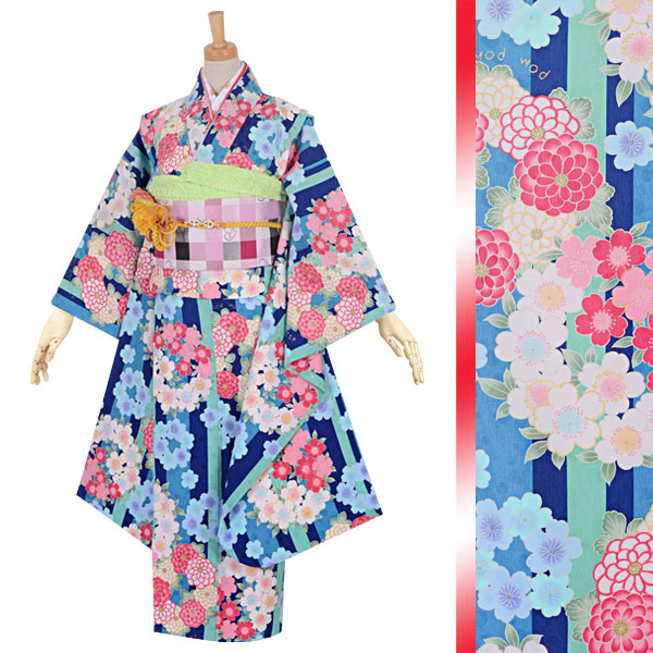 小・中学生振袖：A121 ポンポネット 青 ストライプに桜菊の花の