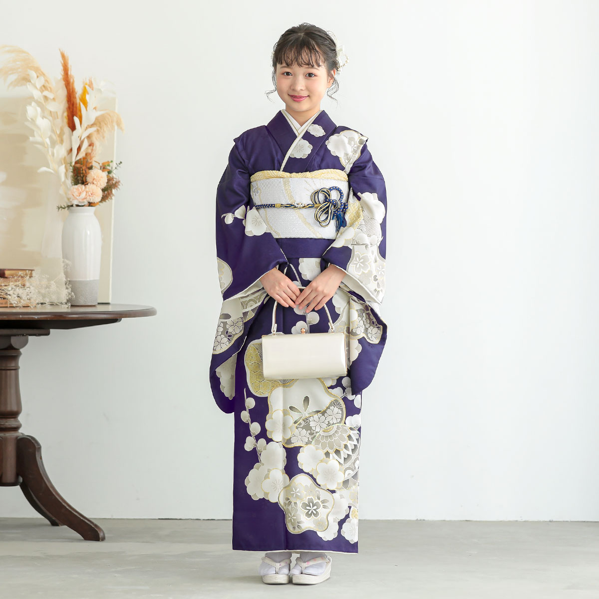 【送料込み】レディースまたはジュニアフルセット138cｍ 23cm レンタル九重 袴 17点セット 菊と桜紋・キャメル 日本