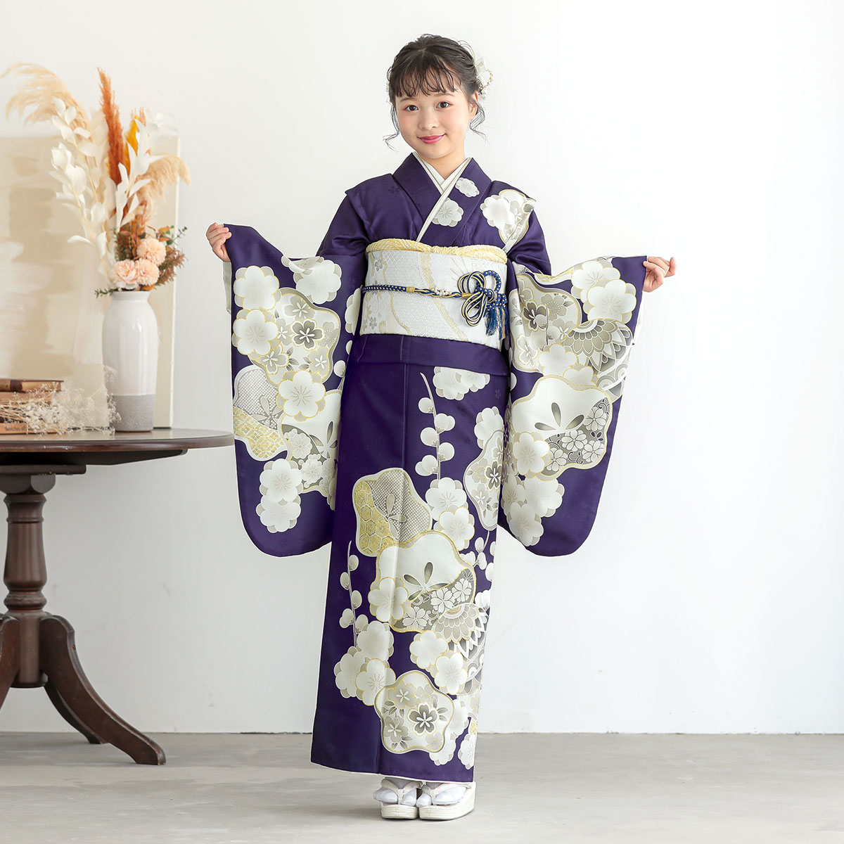 小・中学生振袖：A384 花紺 白梅│ 振袖レンタル │ 京都着物レンタル夢館