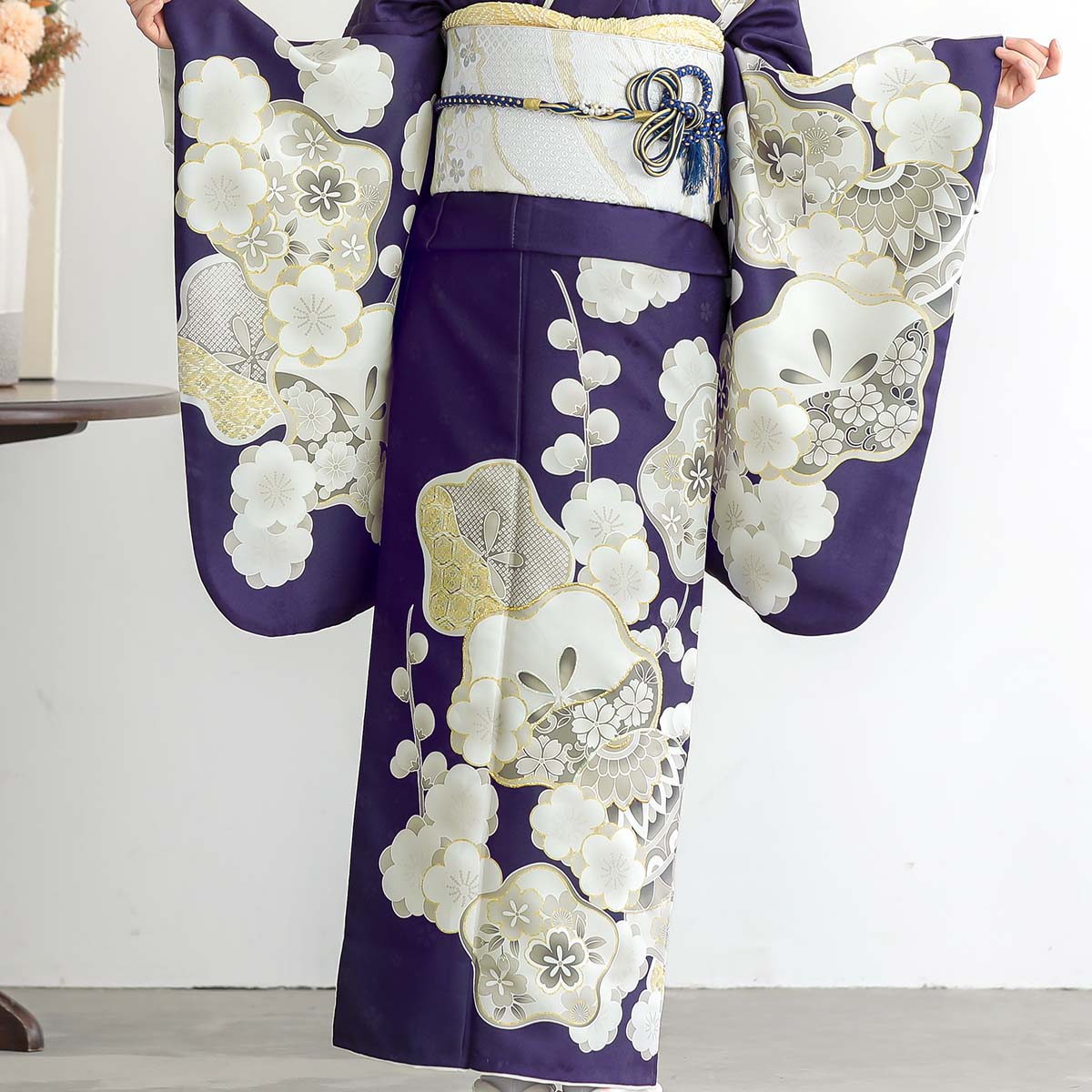 小・中学生振袖：A384 花紺 白梅│ 振袖レンタル │ 京都着物レンタル夢館