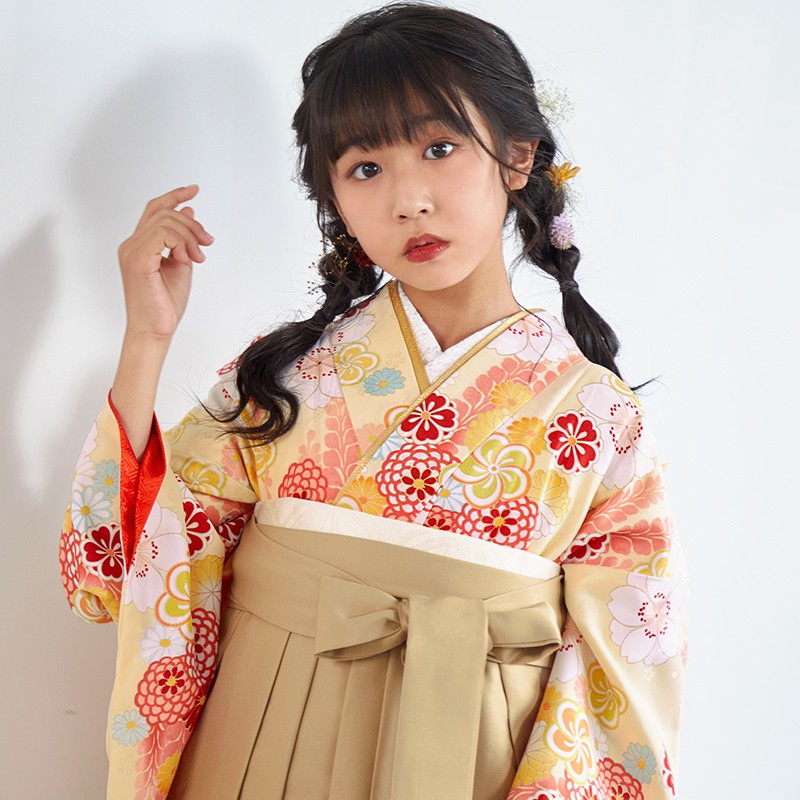 小学生袴:A076 クリーム 桜にねじり梅│ 袴レンタル │ 京都着物