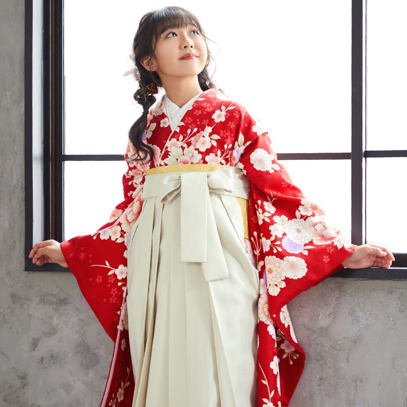 小学生袴:A113 赤 菊桜牡丹│ 袴レンタル │ 京都着物レンタル夢館