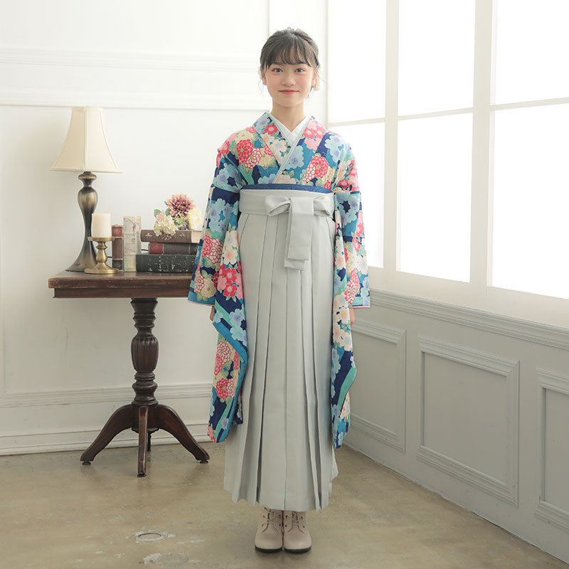 卒業式用 袴 着物セット pom ponette ブルー はな柄 ストライプ 【公式