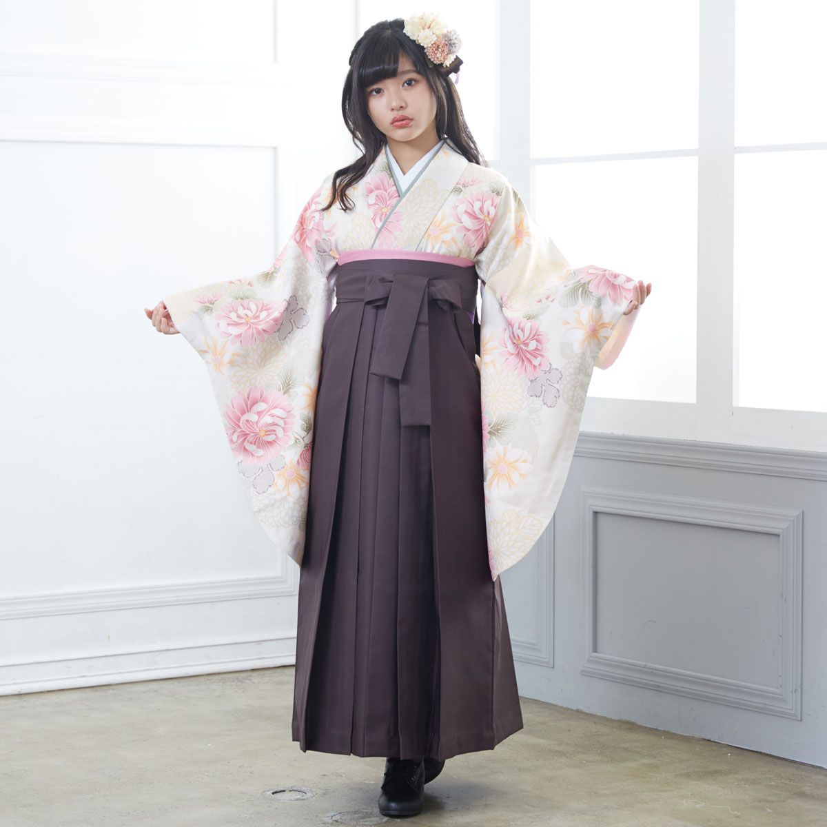 小学生袴:A135 アイボリー 菊│ 袴レンタル │ 京都着物レンタル夢館