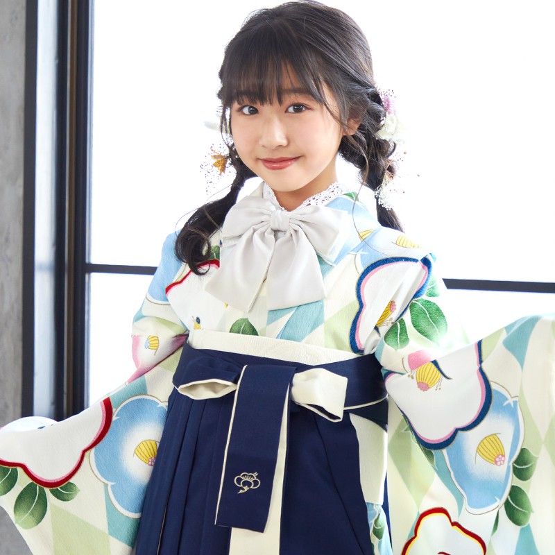 小学生袴:A185 水色 ダイヤに椿│ 袴レンタル │ 京都着物レンタル夢館