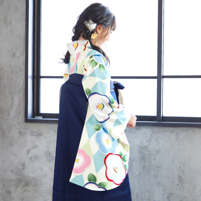 小学生袴:A185 水色 ダイヤに椿│ 袴レンタル │ 京都着物レンタル夢館